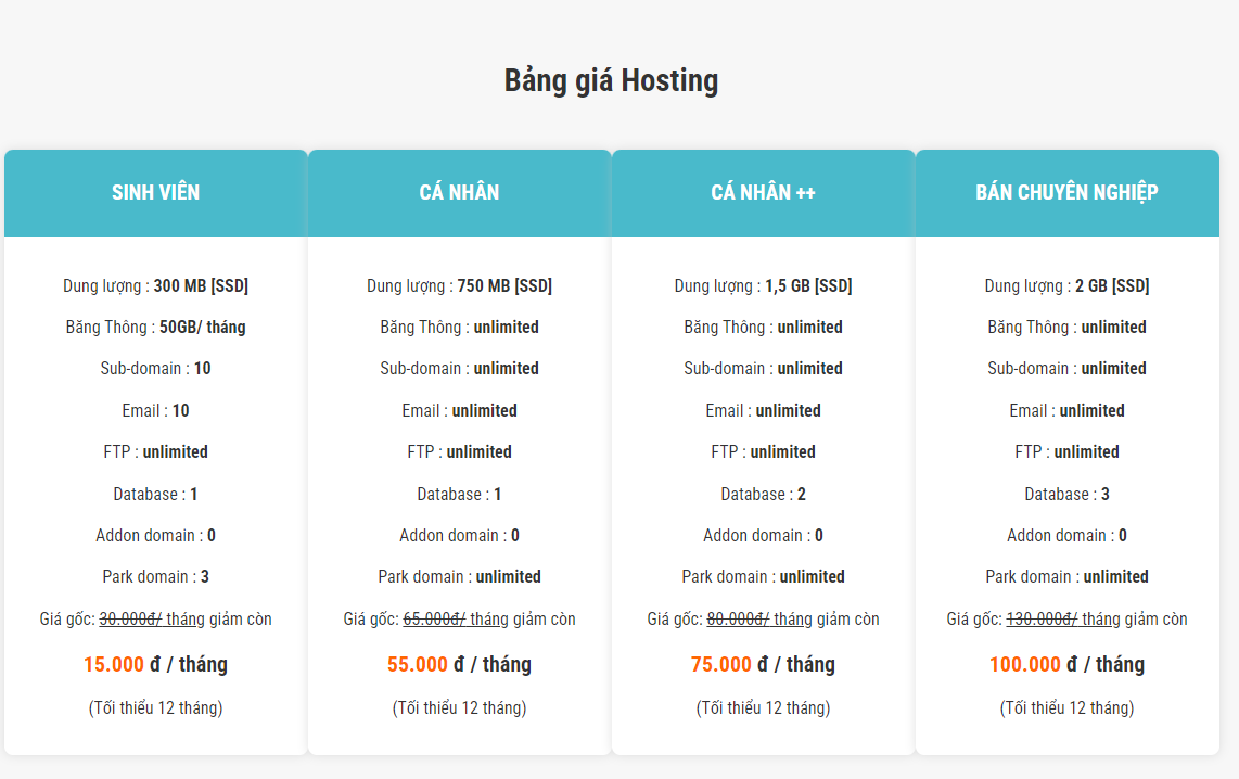 Bảng giá hosting tại Obs-tech.vn