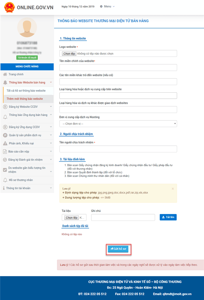 Nhập thông tin về website để khai báo với Bộ Công Thương