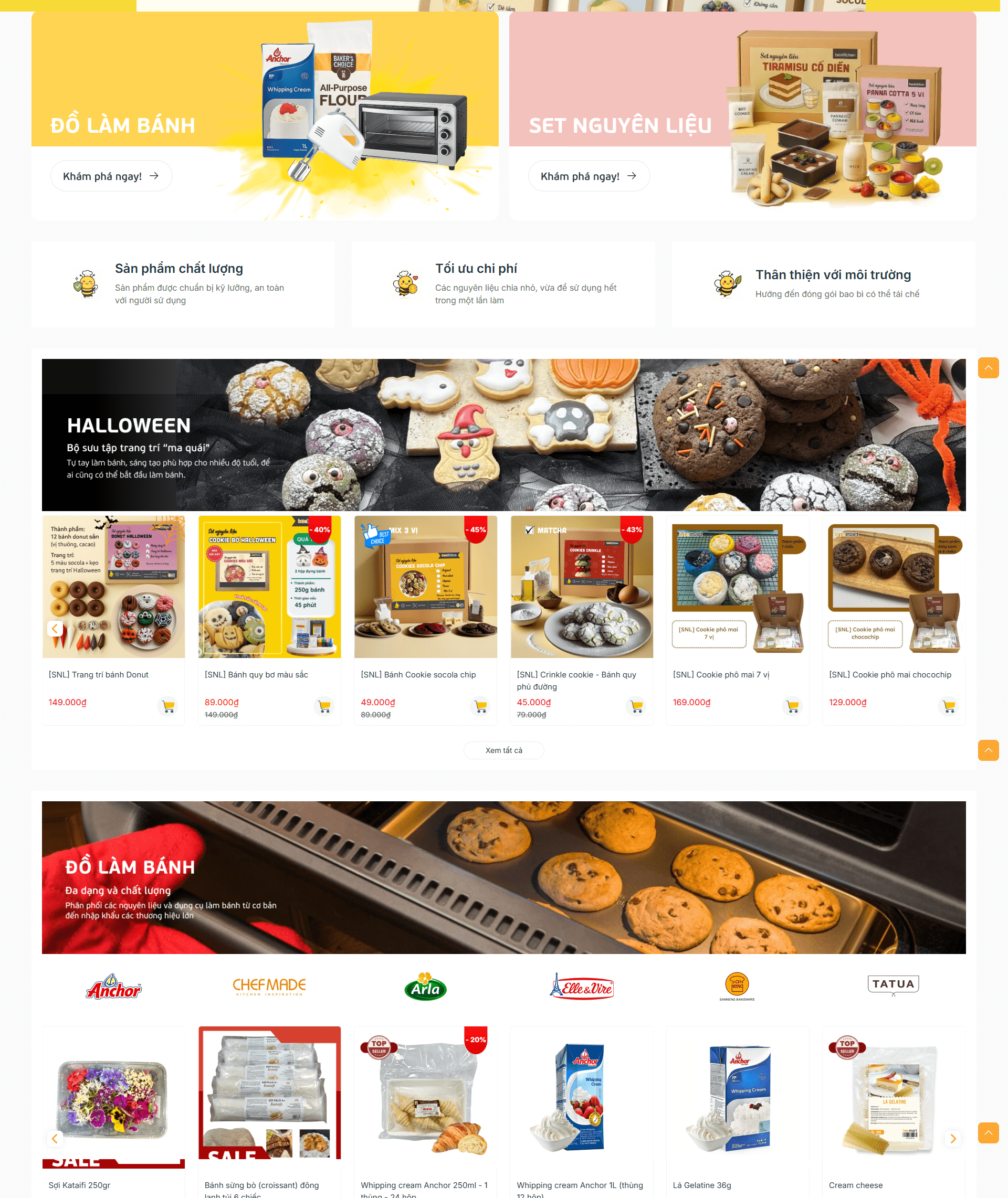 Giao diện website nguyên liệu và dụng cụ làm bánh